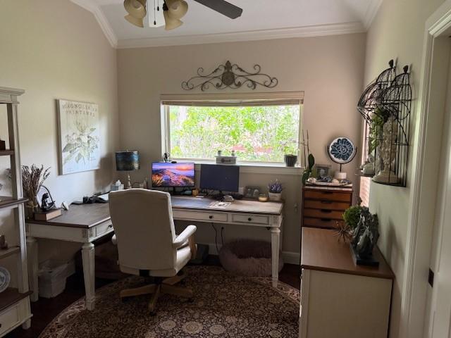 office area with crown molding and ceiling fan