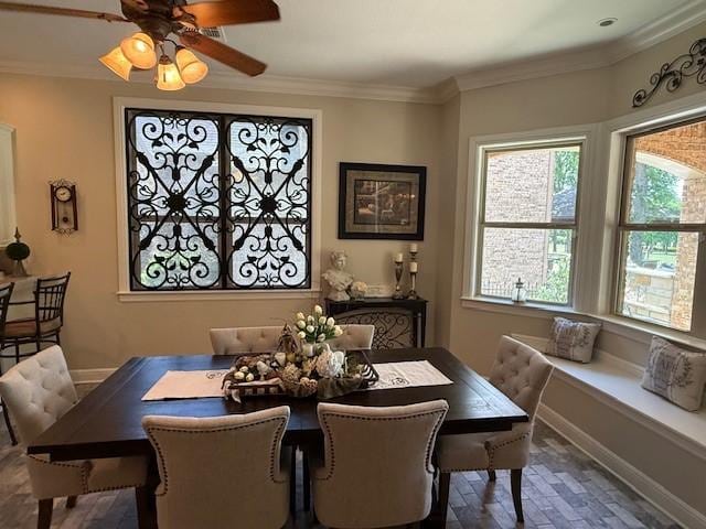 dining area featuring crown molding, baseboards, and ceiling fan