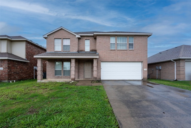 traditional home featuring concrete driveway, brick siding, an attached garage, and a front lawn