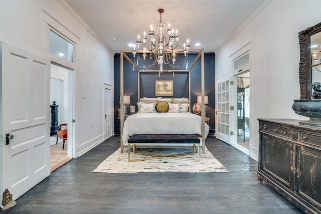 805 Howell St, Mckinney, TX 75069 - bedroom with a chandelier, crown molding, baseboards, and wood finished floors
