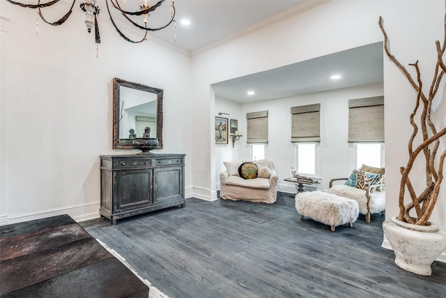 805 Howell St, Mckinney, TX 75069 - living area with dark wood finished floors, ornamental molding, baseboards, recessed lighting, and a chandelier
