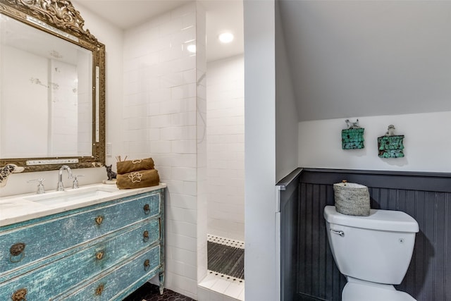 805 Howell St, Mckinney, TX 75069 - bathroom featuring toilet, a shower stall, a wainscoted wall, and vanity