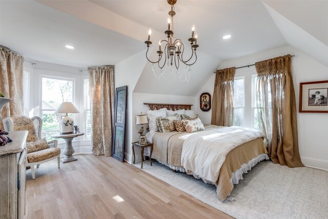805 Howell St, Mckinney, TX 75069 - bedroom featuring light wood-style floors, vaulted ceiling, baseboards, an inviting chandelier, and recessed lighting