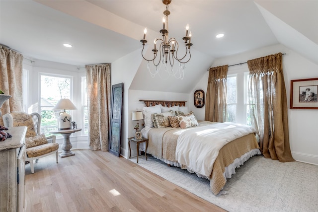 805 Howell St, Mckinney, TX 75069 - bedroom featuring a chandelier, lofted ceiling, light wood-type flooring, baseboards, and recessed lighting