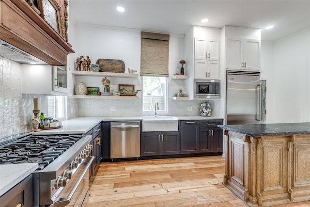 805 Howell St, Mckinney, TX 75069 - kitchen featuring built in appliances, open shelves, a sink, light wood finished floors, and tasteful backsplash