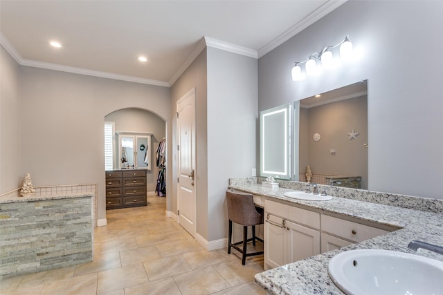 2417 Roosevelt Ave, Fort Worth, TX 76164 - bathroom featuring baseboards, a sink, two vanities, and ornamental molding