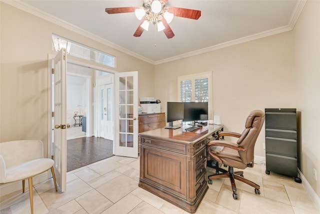 home office with ceiling fan, french doors, crown molding, light tile patterned floors, and baseboards