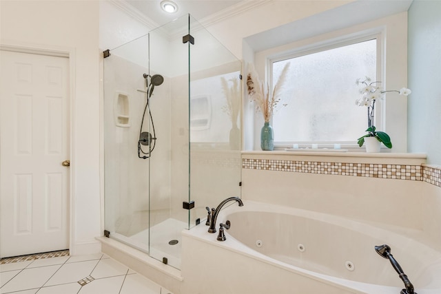 full bath featuring a whirlpool tub, ornamental molding, tile patterned floors, and a shower stall