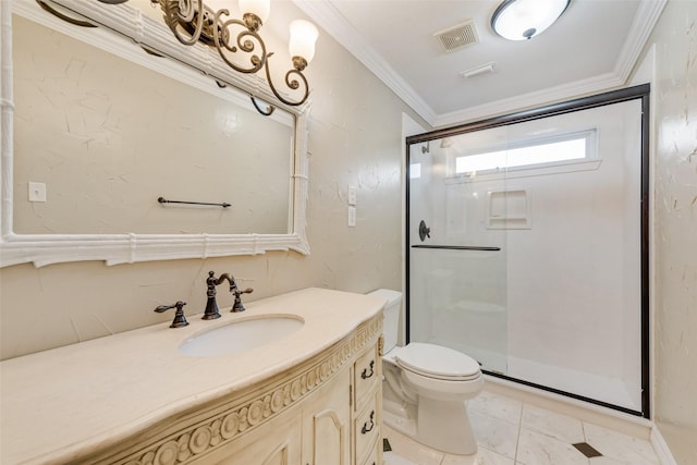 full bath featuring vanity, a shower stall, toilet, and visible vents