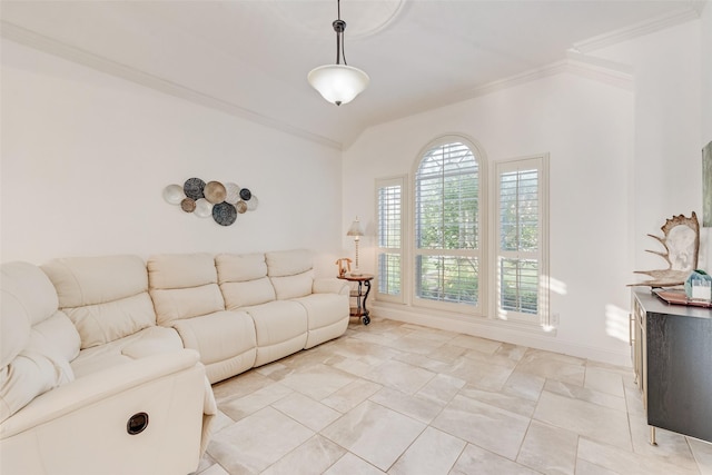 living room with crown molding and baseboards