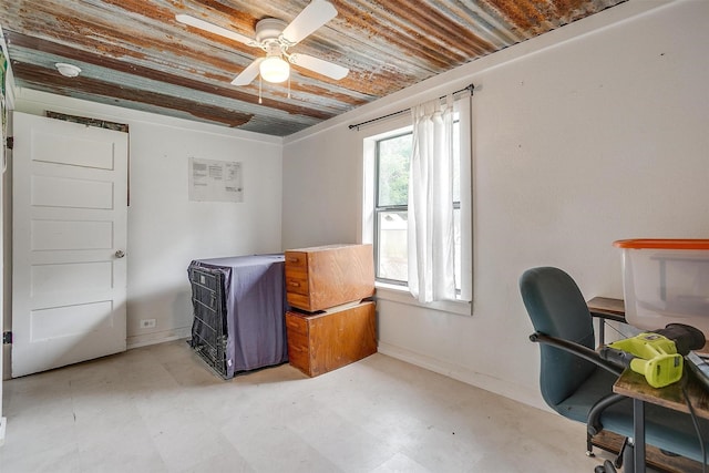 home office with baseboards, a ceiling fan, tile patterned floors, and wood ceiling