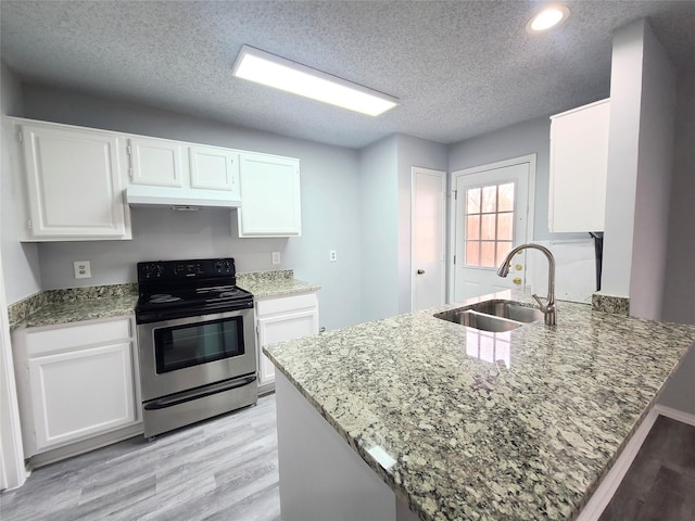 302 W Warrior Trl, Grand Prairie, TX 75052 - kitchen with stainless steel range with electric stovetop, a peninsula, light wood-style floors, white cabinets, and a sink