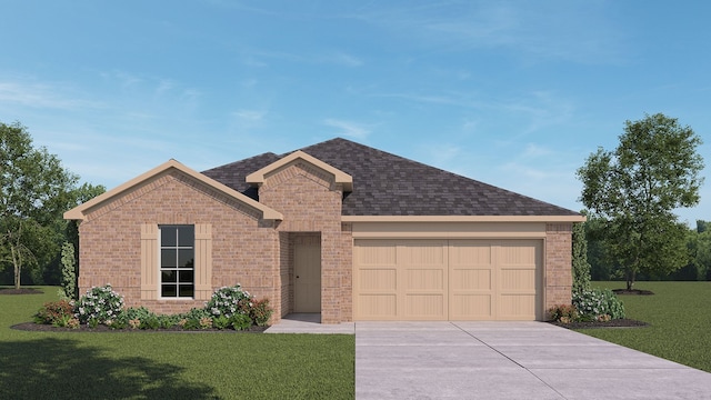 4189 Plateau Dr, Forney, TX 75126 - view of front of property with driveway, a front lawn, an attached garage, brick siding, and a shingled roof