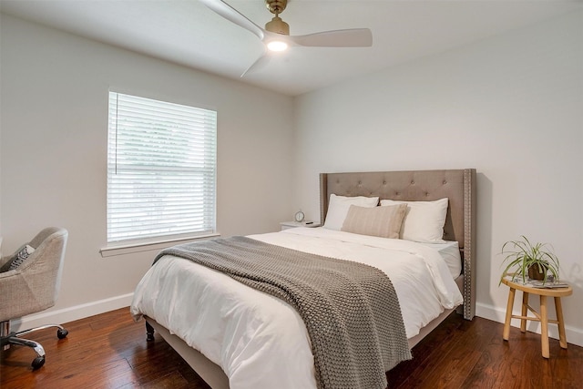 bedroom with baseboards, a ceiling fan, and wood finished floors