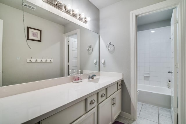 bathroom with shower / tub combination, vanity, tile patterned floors, baseboards, and visible vents