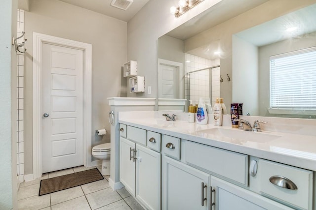 bathroom with visible vents, tile patterned flooring, a shower stall, a sink, and toilet