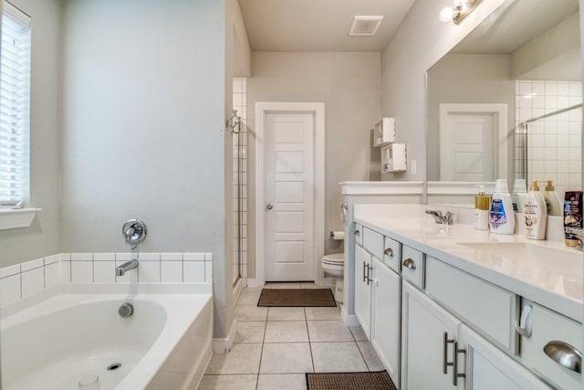full bathroom featuring visible vents, a bath, toilet, and a shower stall