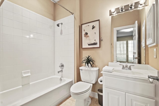 bathroom with toilet, shower / bath combination, tile patterned floors, and vanity