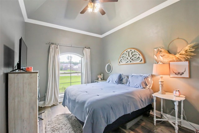363 Leigh Ln, Stonewall, LA 71078 - bedroom with crown molding, wood finished floors, vaulted ceiling, and a ceiling fan