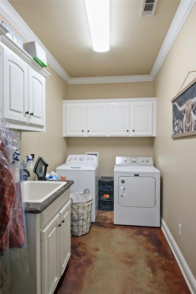 363 Leigh Ln, Stonewall, LA 71078 - laundry room featuring washer and clothes dryer, cabinet space, ornamental molding, and baseboards