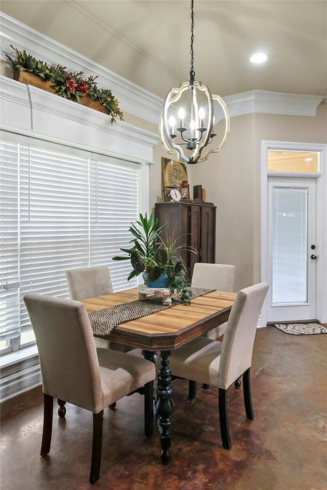 363 Leigh Ln, Stonewall, LA 71078 - dining room featuring a chandelier, crown molding, finished concrete flooring, and recessed lighting