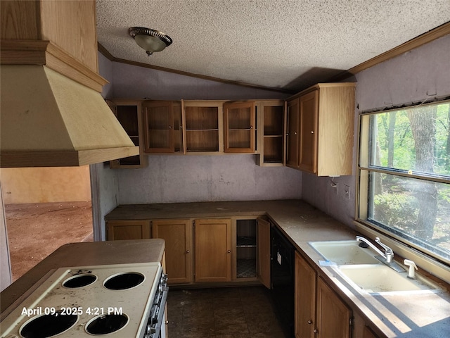 kitchen featuring a textured ceiling, black dishwasher, vaulted ceiling, ornamental molding, and white electric range