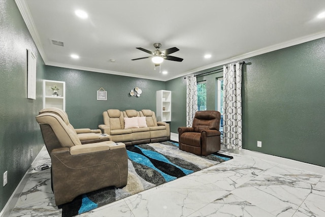 4006 Mayflower Dr, Garland, TX 75043 - living room with crown molding, a textured wall, baseboards, recessed lighting, and marble finish floors