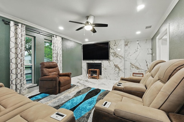 4006 Mayflower Dr, Garland, TX 75043 - living area featuring marble look tile flooring, ornamental molding, a ceiling fan, recessed lighting, and a fireplace
