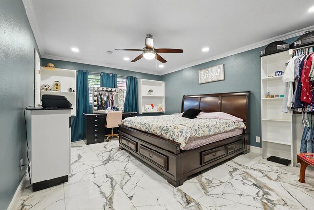 4006 Mayflower Dr, Garland, TX 75043 - bedroom with crown molding, recessed lighting, baseboards, an office area, and light marble finish floors