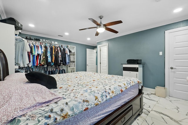 4006 Mayflower Dr, Garland, TX 75043 - bedroom featuring crown molding, recessed lighting, a ceiling fan, light marble finish flooring, and baseboards