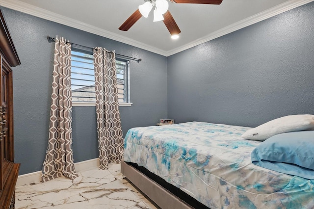 4006 Mayflower Dr, Garland, TX 75043 - bedroom with marble look tiles, a textured wall, crown molding, baseboards, and ceiling fan