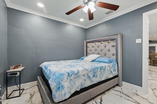 4006 Mayflower Dr, Garland, TX 75043 - bedroom with marble look tile flooring, a textured wall, ornamental molding, baseboards, and a ceiling fan