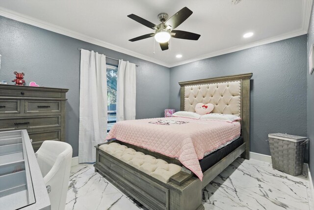4006 Mayflower Dr, Garland, TX 75043 - bedroom with light marble finish floors, a textured wall, ornamental molding, ceiling fan, and baseboards