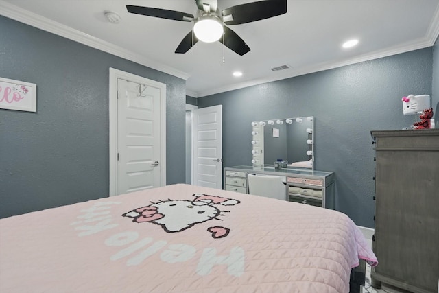 4006 Mayflower Dr, Garland, TX 75043 - bedroom featuring crown molding, a textured wall, ceiling fan, recessed lighting, and baseboards