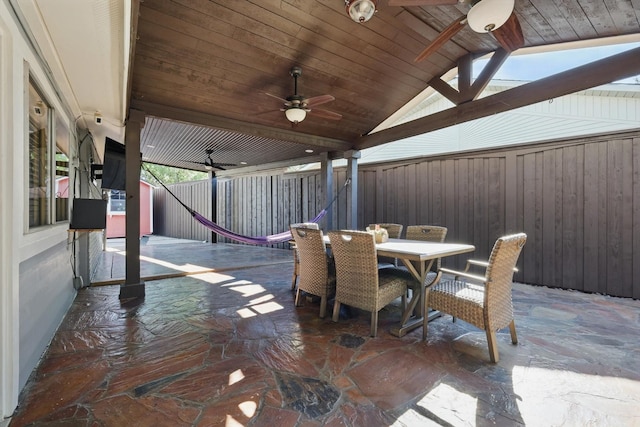4006 Mayflower Dr, Garland, TX 75043 - view of patio / terrace with a ceiling fan, a fenced backyard, and outdoor dining space