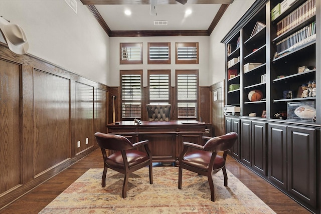 home office featuring ornamental molding, a ceiling fan, and dark wood-style flooring