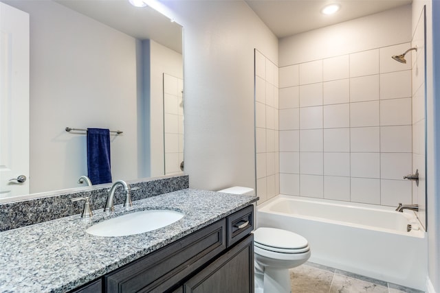 full bathroom featuring toilet, shower / bath combination, recessed lighting, and vanity