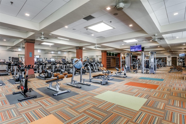 workout area featuring carpet floors, a ceiling fan, recessed lighting, and visible vents