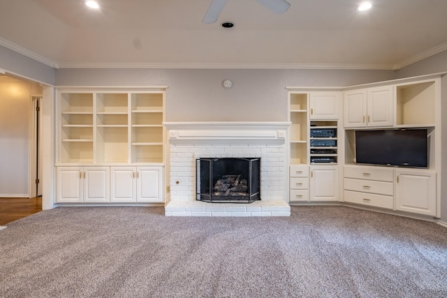 2103 Juanita Dr, Arlington, TX 76013 - unfurnished living room featuring carpet flooring, a brick fireplace, ceiling fan, and ornamental molding
