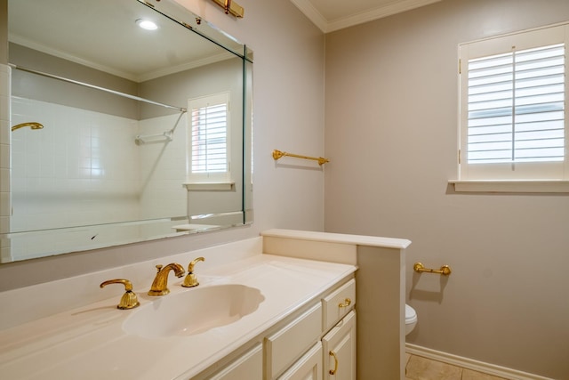 2103 Juanita Dr, Arlington, TX 76013 - full bathroom with vanity, baseboards, crown molding, and toilet