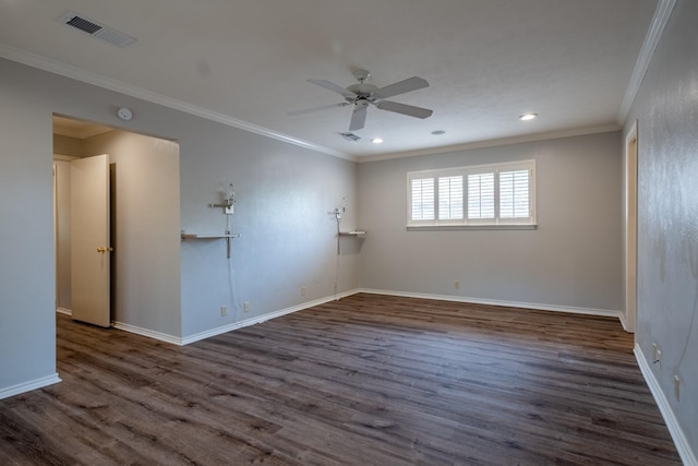 2103 Juanita Dr, Arlington, TX 76013 - empty room with visible vents, ornamental molding, ceiling fan, and wood finished floors