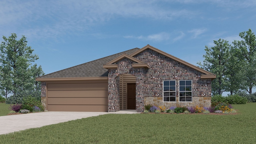 view of front of property with brick siding, a front lawn, concrete driveway, an attached garage, and stone siding
