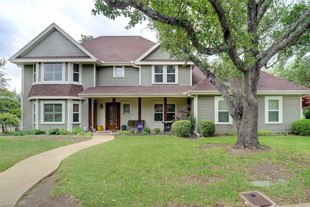 view of front of house with roof with shingles, a porch, and a front yard