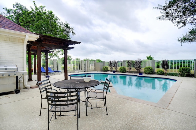 view of swimming pool featuring a patio, a fenced in pool, a fenced backyard, and a grill