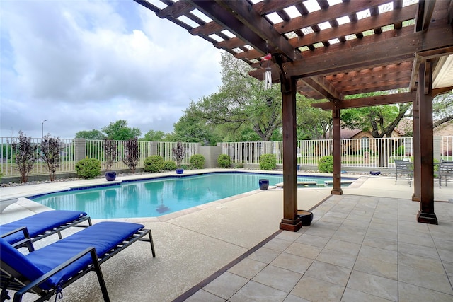 view of pool featuring a pergola, a fenced in pool, a fenced backyard, and a patio area