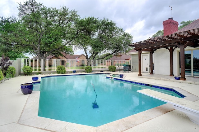 view of pool with a pergola, a fenced in pool, fence, and a patio