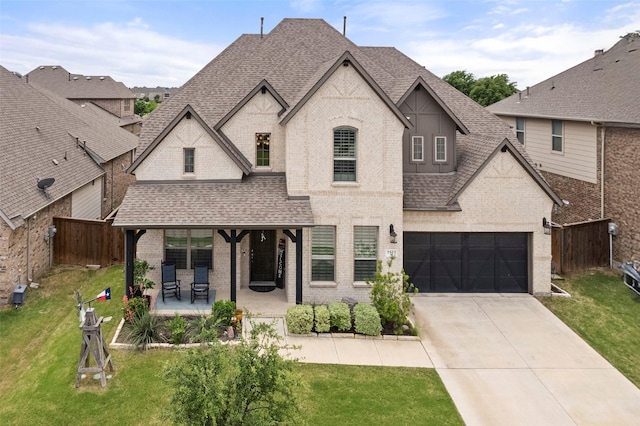 french country style house with fence, covered porch, roof with shingles, brick siding, and driveway