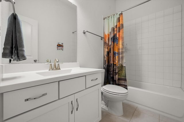 bathroom featuring toilet, tile patterned floors, shower / bathtub combination with curtain, and vanity