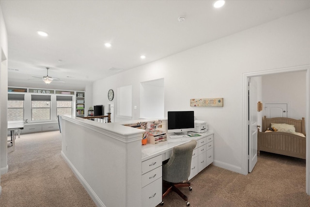 office area with ceiling fan, visible vents, light colored carpet, baseboards, and recessed lighting