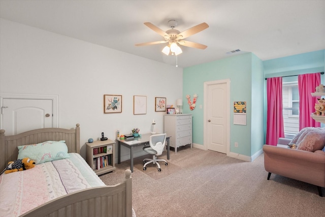 bedroom featuring carpet floors, baseboards, visible vents, and ceiling fan